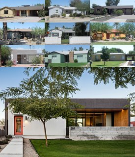 Compilation of the front elevations of the historic homes in the neighborhood and the resulting modern elevation of 'Link.'
