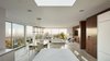 Modern home with Dining Room, Light Hardwood Floor, Chair, Recessed Lighting, Stools, Pendant Lighting, Table, Ceiling Lighting, Bar, Gas Burning Fireplace, and Ribbon Fireplace. View from Kitchen Photo 6 of Minimal House One