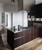 Modern home with Kitchen, Wood Cabinet, Laminate Cabinet, Cooktops, Microwave, Medium Hardwood Floor, Ceiling Lighting, and Drop In Sink. Kitchen room Photo 3 of The Bosio's house