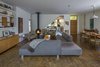 Modern home with Living Room, Sofa, Console Tables, Coffee Tables, Bookcase, Living Room, Sectional, Chair, Ceiling Lighting, Recessed Lighting, Hanging Fireplace, Medium Hardwood Floor, and Wood Burning Fireplace. Living Room Photo 3 of NHN House