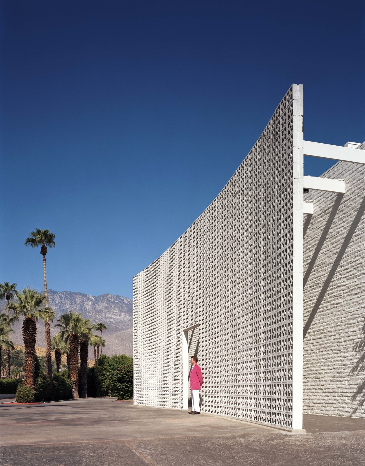 A 23-foot breeze block brise soleil flanks the entrance of the Parker Palm Springs.