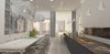 Modern home with Kitchen, Marble Counter, White Cabinet, Stone Slab Backsplashe, Light Hardwood Floor, Metal Backsplashe, Recessed Lighting, Ceiling Lighting, Pendant Lighting, Accent Lighting, Range, Cooktops, and Undermount Sink. Kitchen Photo 3 of Mercer Street Loft