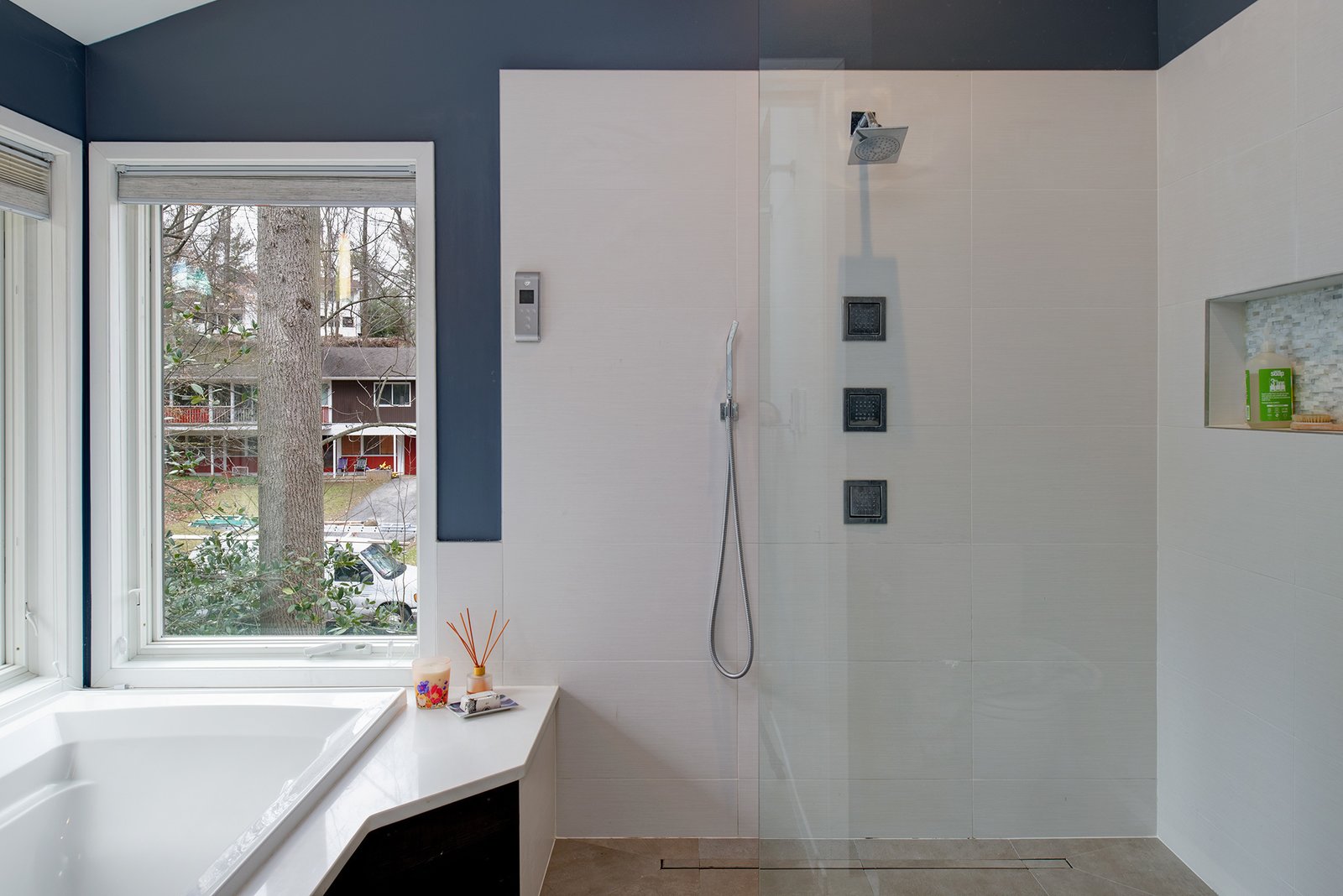 A curbless master shower is light and airy.