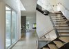 Modern home with Staircase, Wood Tread, Metal Tread, and Glass Railing. View from entry past stair hall looking toward family areas Photo 7 of Old Greenwich House
