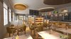 Modern home with Kitchen, White Cabinet, Wood Cabinet, Granite Counter, Wood Counter, Refrigerator, Ceiling Lighting, Pendant Lighting, Dishwasher, and Wall Oven. A refurbishment of an existing restaurant design. Photo of Interesting 3D CGI Interior Design For Food Court