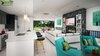 Modern home with Kitchen, Granite Counter, White Cabinet, Marble Counter, Light Hardwood Floor, Glass Tile Backsplashe, Stone Slab Backsplashe, Ceiling Lighting, Pendant Lighting, Refrigerator, Microwave, Cooktops, Dishwasher, and Wall Mount Sink. Kitchen Interior Rendering Photo 3 of Dreamy Modern House Rendering Ideas by Yantram Exterior Rendering Services - Sydney, Australia