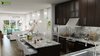 Modern home with Kitchen, Marble Counter, Granite Counter, Wood Cabinet, Light Hardwood Floor, Porcelain Tile Backsplashe, Medium Hardwood Floor, Pendant Lighting, Table Lighting, Ceiling Lighting, Refrigerator, Cooktops, Wall Oven, Dishwasher, Microwave, Undermount Sink, and Drop In Sink. Unique Kitchen-Living Render from Interior Design Firm - Miami, USA Photo 5 of Beautifully Bold 3D Interior Kitchen Design View - California, USA