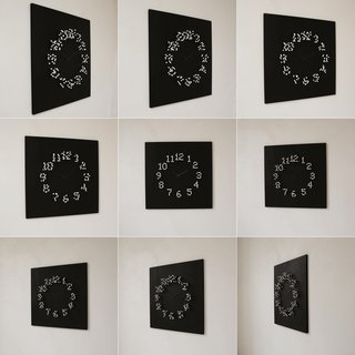 ”MOCAP “ wall clock
description: Most wall-clocks have the same basic shape: round. Also the same looking time-indication by numbers or stripes.
"MOCAP" steps away from the basic..
It's appearance leans more to a piece of conceptual art ,then to a basic time-telling clock.
The big wall clock will catch your eye by changing shape when you walk around it. When you stand in front of the clock: the numbers are clear and visible. When you walk around it: numbers slowly dissolve, and seem to fall apart in little floating white balls.
This optical illusion results in a striking and intriguing piece of wall-art. Inspired by "MOTION CAPTURE" technique used in movies such as" Lord of the rings"+"Avatar"

Design: J.P.Meulendijks for www.Planktonstation.nl
material: wood (recycled)
dimensions: Height: 79 cm. / 31 inch width: 79 cm./ 31 inch depth: 10 cm./ 4 inch .
color: Clock-face finished in matted black, causing the bright white balls to seemingly float in mid-air.
-Clock-hands finished in anthracite so they are subtle visible. against the matted black background .