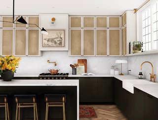 Kitchen, Ceiling Lighting, White Cabinet, Drop In Sink, Marble Backsplashe, Colorful Cabinet, Medium Hardwood Floor, Wood Cabinet, Marble Counter, Pendant Lighting, and Range Cane-front cabinets help add to this kitchen’s airy feel.