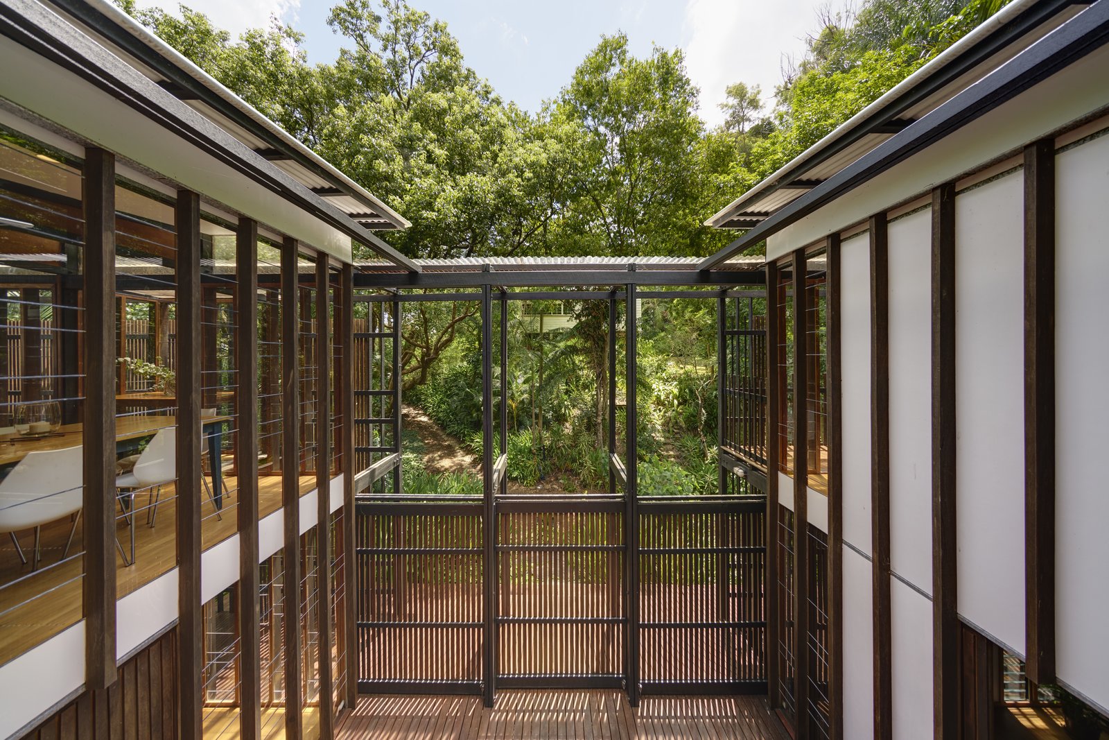 The pavilions are connects by multiple stairwells, open decks and covered walkways that wind along the outdoor areas.