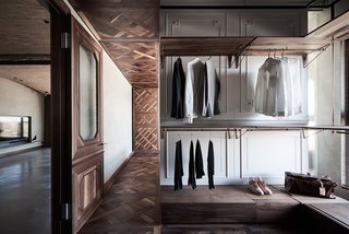 Sections of the walls and ceilings in the bedrooms were fitted with white panels that look like closet doors, hinting at a sense of being upside down.The apartment’s floor plan consists of two parallel spaces.