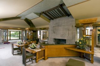 Hollyhock House, view looking southeast in living room, with garden court (at left) beyond.