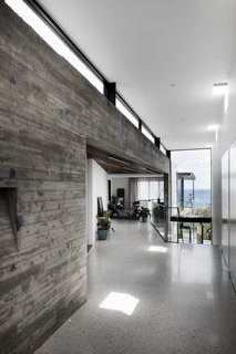 One of the most striking features of the house is the play of warm, saturated spotted gum—used for the joinery, flooring in some of the bedrooms, the study, ceilings, decks, soffits, threshold, and inlays—against cool concrete used for benchtops, floor, walls, and paving. 
