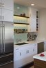 Modern home with Engineered Quartz Counter, White Cabinet, Glass Tile Backsplashe, Refrigerator, Dishwasher, Drop In Sink, Marble Counter, and Bath Room. Compact Kitchen Photo 5 of Healdsburg Makeover