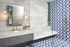 Master bathroom vanity and 'wet room'. Materials are encaustic concrete tile, limestone tile. Photo 19 of Airole Way Residence modern home