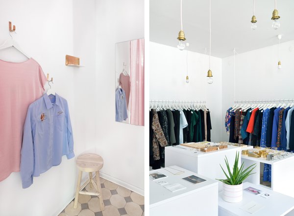 The fabric in sugary pink, which you can see from the street, hides a spacious fitting room.