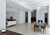 Modern home with Dining Room, Track Lighting, Accent Lighting, Ceiling Lighting, Recessed Lighting, Table, Two-Sided Fireplace, Chair, Pendant Lighting, Light Hardwood Floor, and Wood Burning Fireplace. Kitchen, dining, den Photo 7 of Tribeca Loft