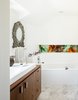 Modern home with Bath Room, Wood Counter, Porcelain Tile Floor, Alcove Tub, Open Shower, Vessel Sink, Ceiling Lighting, and Subway Tile Wall. Guest Bathroom. Niche glass by artist. Photo 9 of Artist Residence