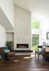 Modern home with Living Room, Chair, Dark Hardwood Floor, and Gas Burning Fireplace. New living room fireplace, concrete finish facade, floating stone hearth, and wide plank natural walnut flooring. Photo of Maplewood Residence