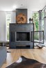 Modern home with Living Room, Standard Layout Fireplace, Wood Burning Fireplace, Light Hardwood Floor, Ceiling Lighting, Recessed Lighting, and Bench. Fireplace Detail w/ Custom Hinged Screen Photo 13 of Spa Creek House