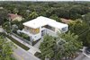 The two Interconnecting boxes create an sculptural entrance, and and opening to the busy urban corner . Photo of Tigertail II modern home