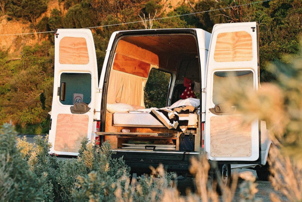 This Australian couple are making a living off the land, so to speak, from their double volume ceilinged panel van; traversing the countryside, making things with plants and selling them when possible.