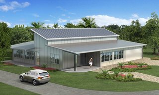 Featuring a steel frame and prefabricated exterior panels by EcoSteel, this home designed by a professor of architecture in Miami consumes just one-seventh of the energy needed to fabricate and erect a conventional concrete block home in the area. Issues of durability and sustainability were considered, given Miami's harsh climate, and solar panels and a green roof were also incorporated.