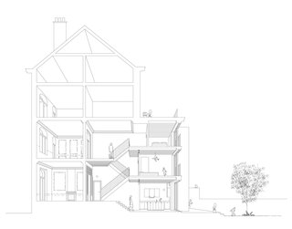 A perspective section drawing expresses the relationship between the historic front rooms facing the street and the new, triple-level renovation and addition at the rear of the townhouse.