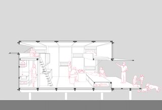 A sectional drawing shows the space as it could be used with opened panels to the outdoors.