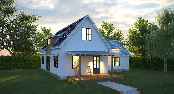 Deltec’s Solar Farmhouse combines the aesthetics of traditional farmhouses with contemporary design and state-of-the-art systems. The three-bedroom, two-and-a-half bath layout totals just over 2,000 square feet. Like most of Deltec’s prefabs, it can be kitted out with a range of green building strategies to make it two-thirds more efficient than traditional homes.