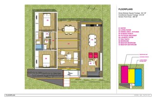 The tripartite plan of Casita 850 shows the central breezeway, with more private spaces on one side and more public on the other.