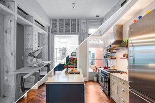 Herringbone floors, a poured concrete kitchen island, and an open line of sight with no upper cabinets were wish list items for these Sweeten homeowners’ gut remodel.