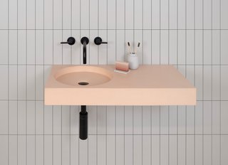 Cero offers an offset vanity and a circular bowl.