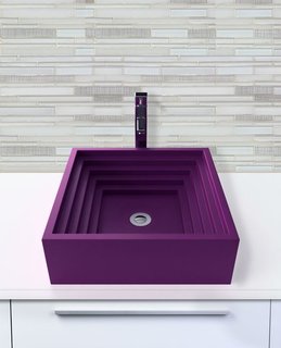 The Finn sink from Whyte & Company is featured here in plum, a vibrant purple color. Whyte & Company's sinks are available in nearly 30 different colors.
