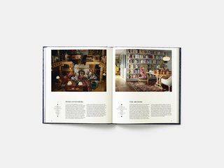 The 1930s meets the 2010s in this spread of the book, which features the unusual living room of publishing tycoon Moses Annenberg and designed by Thomas Molesworth in 1932 opposite the library in a home in Los Angeles designed by The Archers. The Molesworth living room was typical of the woodworker and furniture maker's designs, which prominently featured rustic finishes that indulged his client's fantasies of the Wild West. The room contrasts sharply with the updated midcentury modern room by the Archers, which is accessed via a canary yellow spiral staircase visible in the background of the image. The original home was from the 1940s, and the Archers took cues from the aluminum windows and boxy proportions in the development of their scheme that included high-gloss, boldly-colored items to create a homey, eclectic interior.
