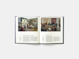 Sitting on opposite pages from each other are a studio in England by Duncan Grant and Vanessa Bell from 1916 and the living room in the home of architect Michael Graves in Princeton, New Jersey, and completed in 1996. The work of famed architect Michael Graves is recognized for its postmodernist designs involving geometric forms and saturated colors; his own living room was used as a laboratory for experimentation with domestic space and was regularly adapted and renovated. The home of artists Duncan Grant and David Garnett was a site of unconventional living in the early 20th century, and the studio in the home demonstrated the casual, liberated aesthetic and approach to the artists' work and their living space.