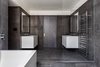 Modern home with Bath Room, Undermount Sink, Freestanding Tub, Soaking Tub, Cement Tile Floor, Open Shower, and Ceiling Lighting. Master Bathroom - White thermafoil floating vanities, Duravit and Hansgrohe fixtures, Large-format Italian porcelain tile from Emil Ceramica Photo 7 of Castro Residence