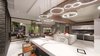 Modern home with Kitchen. Large kitchen, breakfast table and outdoor dining by pool, with family rm and fishtank in distance. Photo 14 of New contemporary home design in Arizona