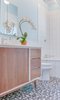 Modern home with Bath Room, Ceramic Tile Floor, Drop In Sink, Pendant Lighting, One Piece Toilet, and Subway Tile Wall. Terra Linda bathroom remodel Photo 4 of Terra Linda Bathroom Remodel