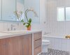 Modern home with Bath Room, One Piece Toilet, Subway Tile Wall, Pendant Lighting, Drop In Sink, and Ceramic Tile Floor. Terra Linda bathroom remodel Photo 3 of Terra Linda Bathroom Remodel