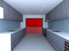 Kitchen and 'portal' view to a red wall beyond Photo of Pop Retreat modern home