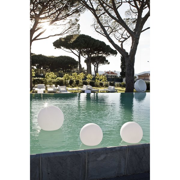 These portable round LED lamps are made from plastic, which makes them weatherproof —a key feature for waterside lighting.