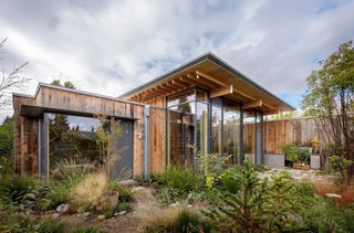 Full-height windows overlook views of the garden and are protected by the galvanized steel roof overhang. A green sedum roof tops the lower volume.