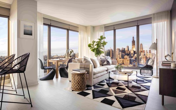 Living and dining area of a two-bedroom unit