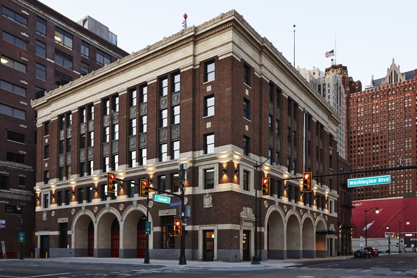 Exterior of the 100-room Detroit Foundation Hotel, located in the former 1929 Detroit Fire Department Headquarters at the gates of downtown Detroit.