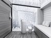 DISAPPEAR RETREAT dissolves the ecological footprint and provides seamless living with nature. Imagine it is -25˚F on a typical winter morning in northern Minnesota, yet no heating is required. Reducing the heating load by 95% using passive methods is a critical strategy to achieve zero-energy. A minimalist palette and layout keeps the focus on the beautiful surroundings, offering a meditative experience. This model has a built-in bed/sofa with storage, toilet, sink, shower, and refrigerator drawer. Photo of Disappear Retreat modern home