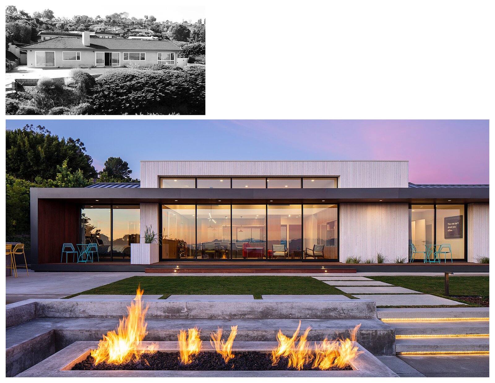 Rear Elevation | A sunken firepit provides uninterrupted views from the house. A before and after shows the remodeled volumetric expression