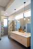 Modern home with Bath Room, Quartzite Counter, Undermount Sink, Open Shower, Recessed Lighting, Porcelain Tile Wall, Porcelain Tile Floor, and Pendant Lighting. Master bathroom Photo 9 of Panavista Hill House