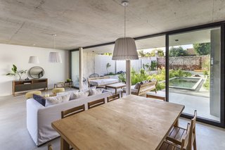 Views into the back gardens, with firepit and pool