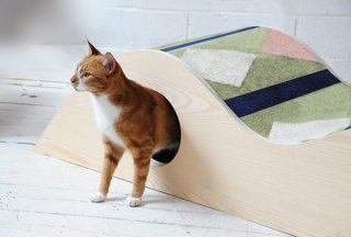 Pieces are composed of CNC-milled ash plywood and flat weave rug material.